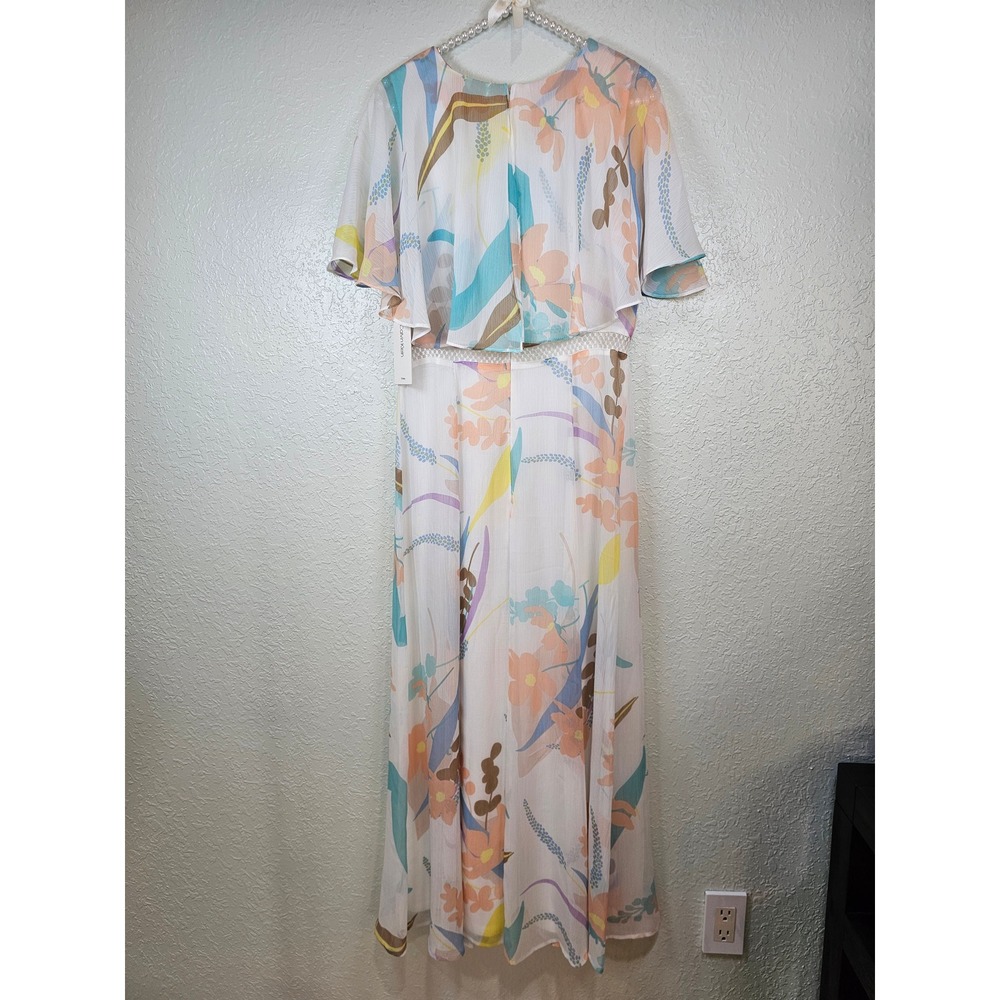 Calvin Klein Floral Pastel Maxi Dress Short Flutter Sleeve Crochet Detail Size 4